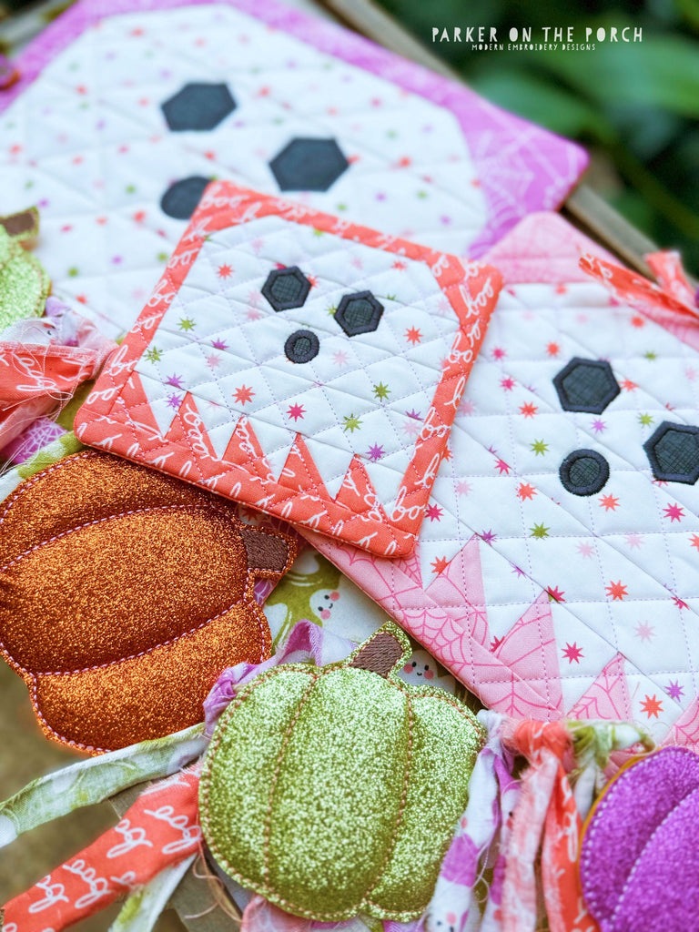 Quilt Block Ghost Hot Pads & Puff Pumpkins